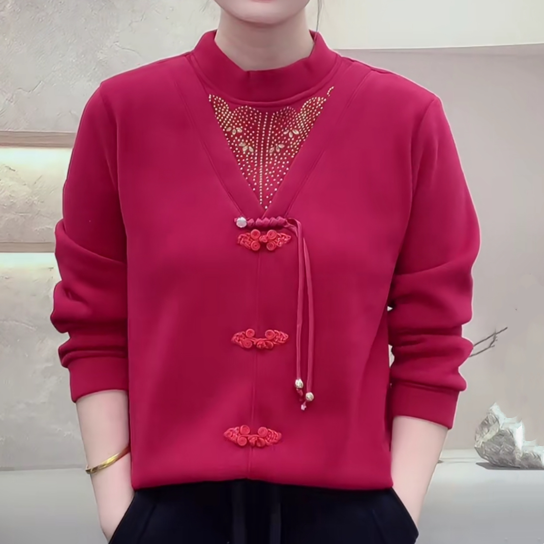 25秋冬新款加绒加厚打底保暖衣时尚烫钻国风盘扣上衣洋气妈妈穿搭