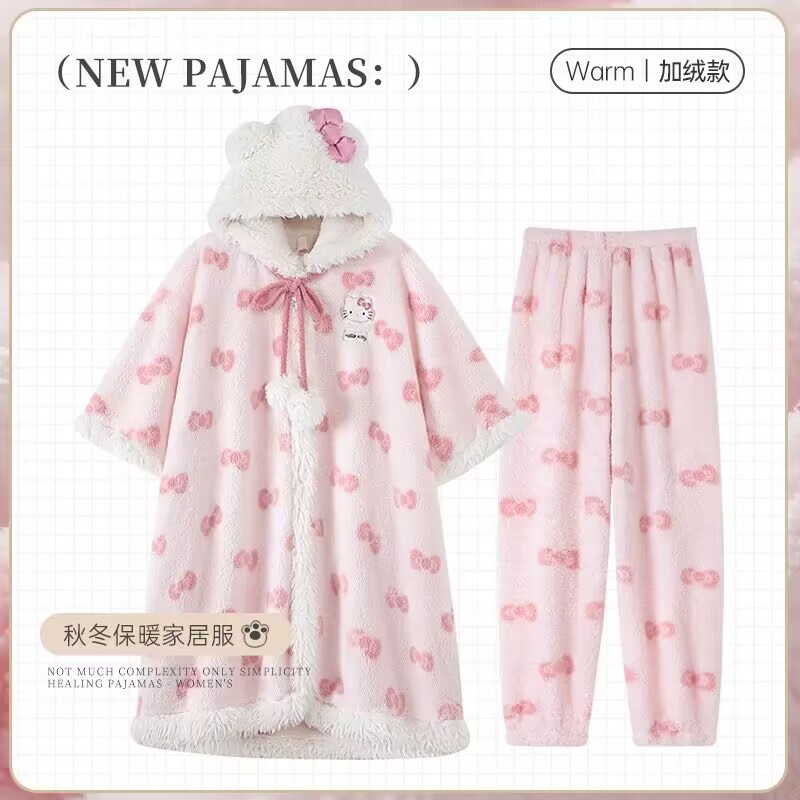 网红凯蒂猫斗篷新款袍套睡衣女秋冬季加厚长款家居服可外穿套装