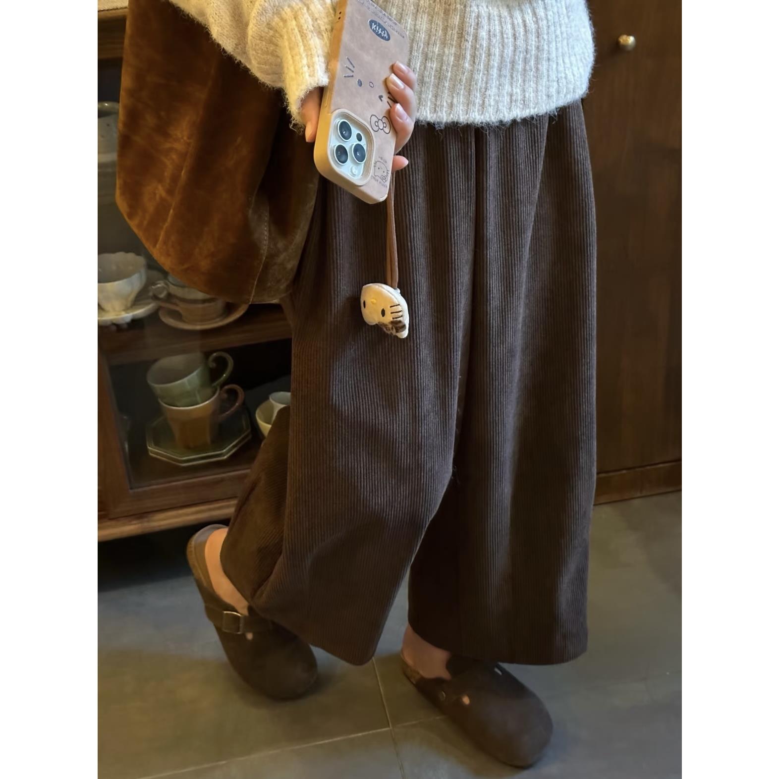 日系覆古灯芯绒裤子女秋冬新款百搭阔腿肥肥裤慵懒风松紧腰休闲裤
