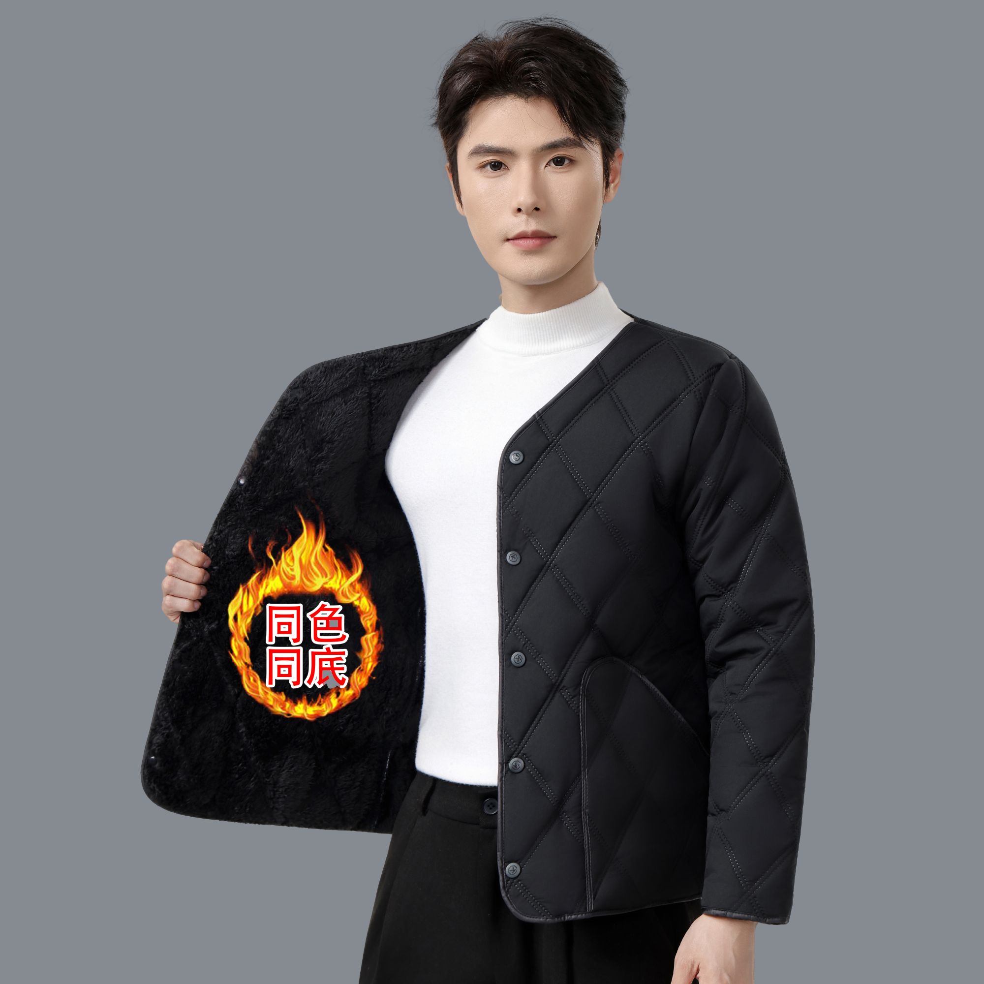 短款散口袖加绒加厚款爸爸上装外穿棉袄加绒加厚大口袋校服内搭