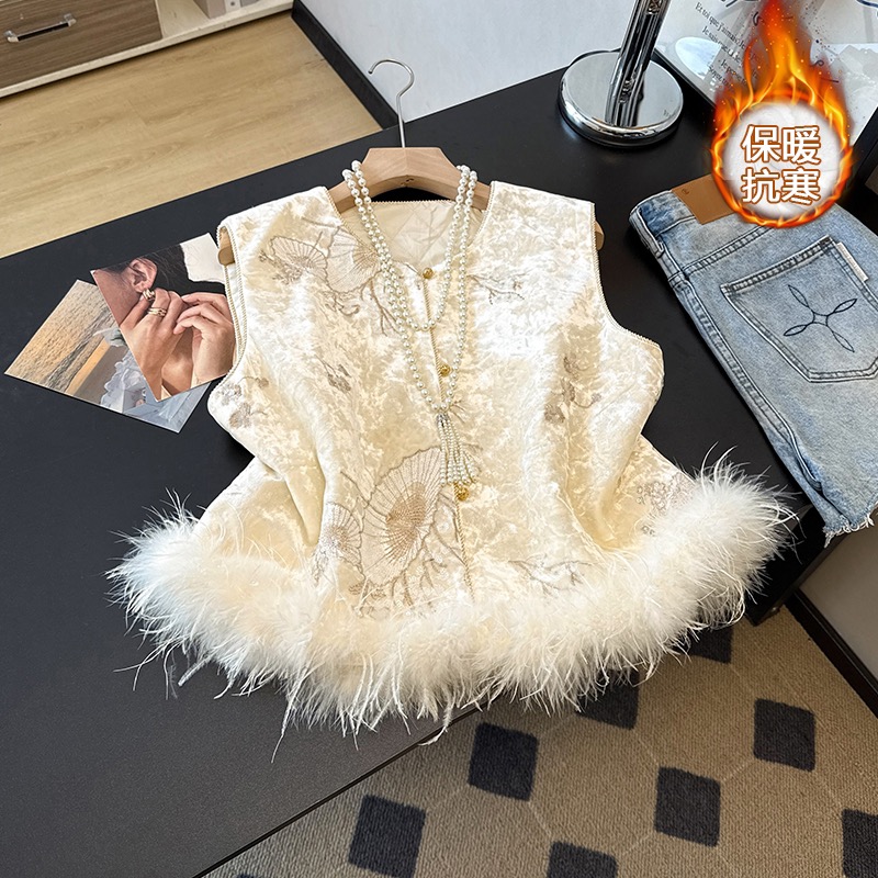 【加棉加厚！毛毛可拆卸】新中式刺绣绣花马甲国风拼接鸵鸟毛马夹