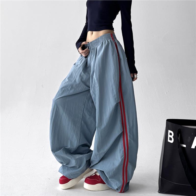 2025秋季新款蓝色工装裤女侧边条拼接抽绳宽松休闲运动阔腿长裤潮