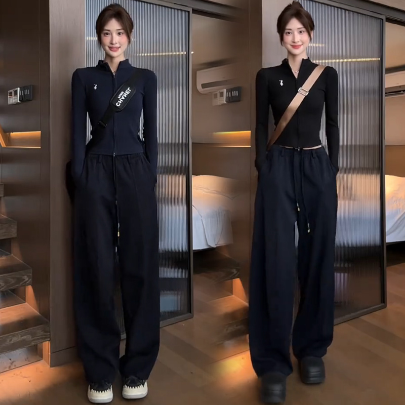 拉夏贝尔休闲长袖卫衣套装女2025春秋新款垂感弯刀阔腿卫裤两件套