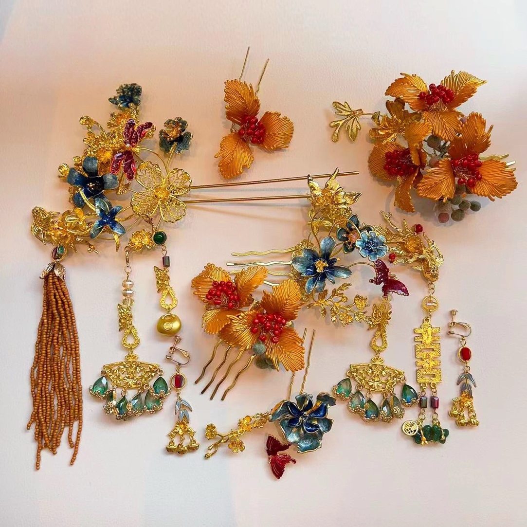 新娘金红色秀禾头饰2025新款中式汉服旗袍结婚龙凤褂秀禾百搭发饰