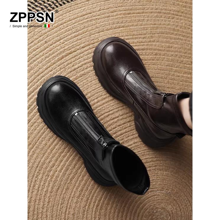 2025秋冬新款机车靴女真皮圆头粗跟前拉炼美拉德防滑耐磨时尚短靴