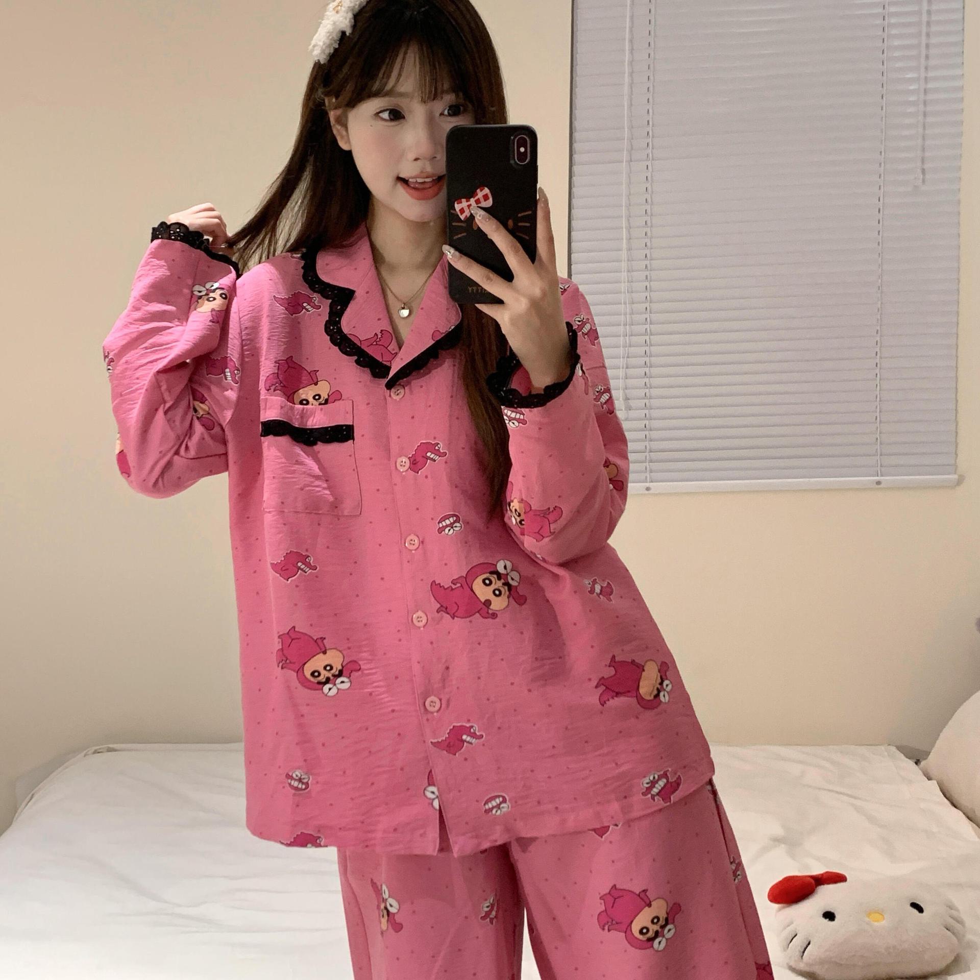 秋季家居服套装蜡笔小新大码睡衣大码甜美幂式穿搭睡衣可外穿