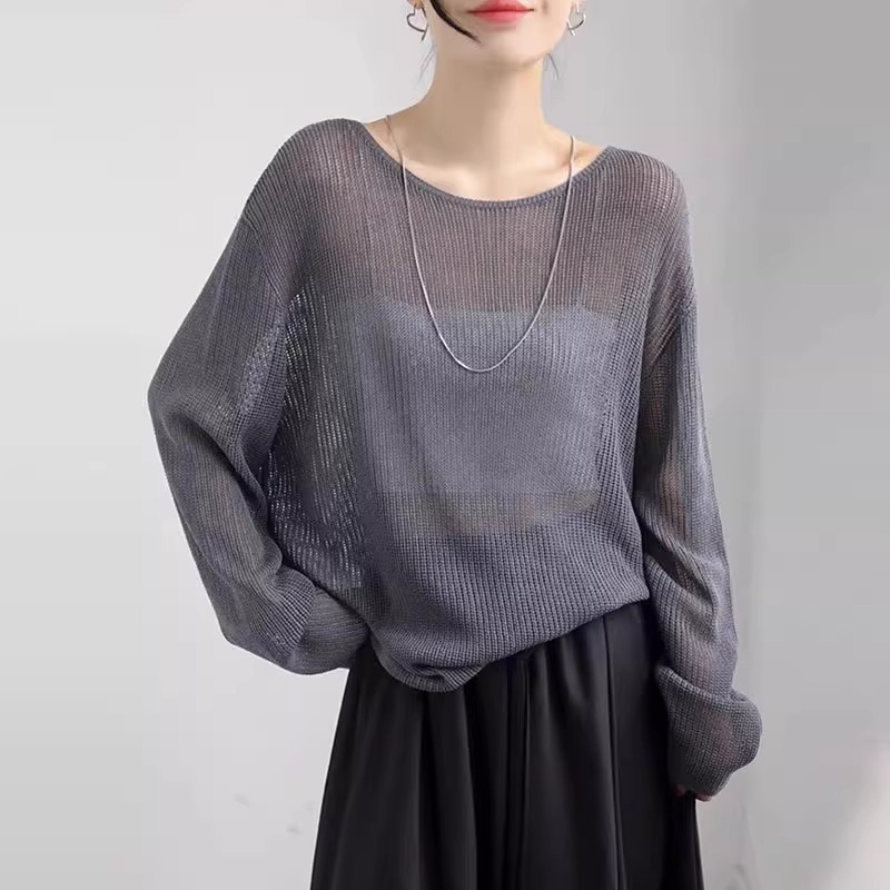 芯娇晴圆领宽松镂空针织防晒空调衫女装夏季长袖外搭上衣薄款罩衫