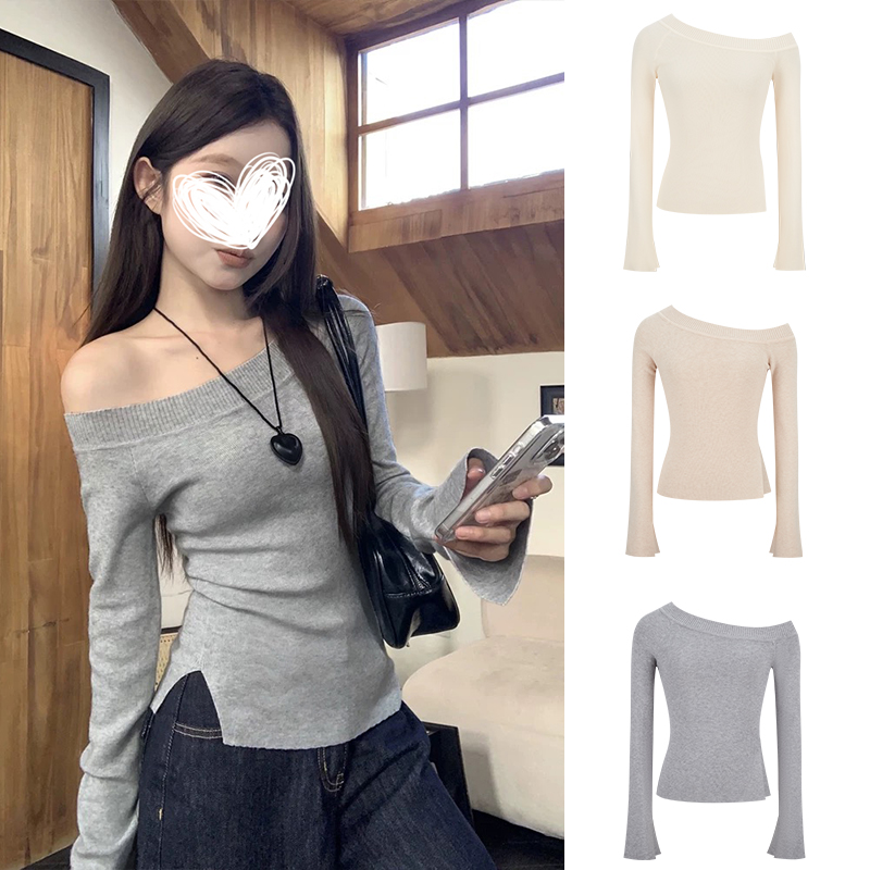 Moses Queen/魔西女王韩系不规则开叉斜肩针织衫女春露肩打底上衣