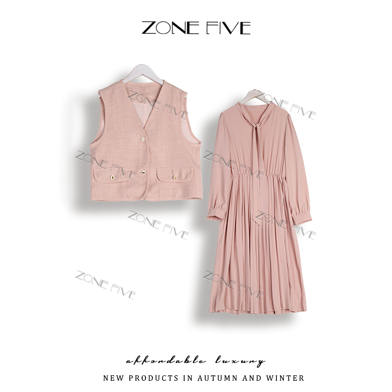 【zonefive】休闲时尚套装温柔风马甲两件套装长裙百褶裙时尚连衣裙