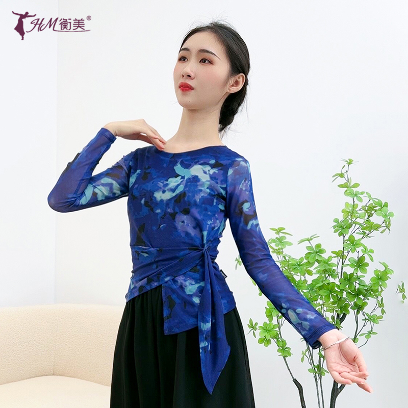 古典舞服气质修身长袖上衣印花中国风现代舞民族舞服装练功服女