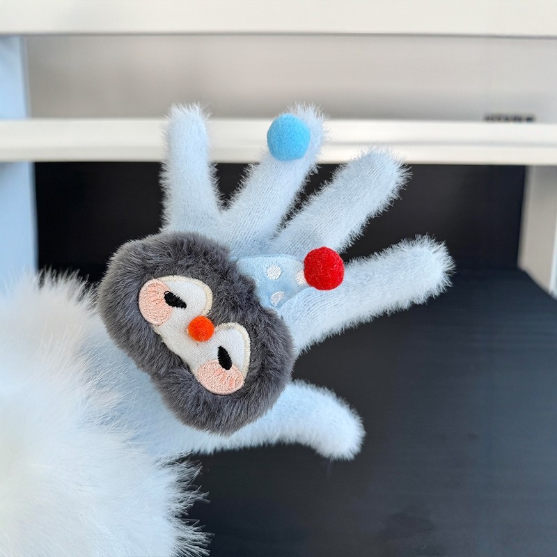 企鹅与鱼保暖手套骑行电瓶车御寒冬季防风加绒户外加厚毛绒可爱