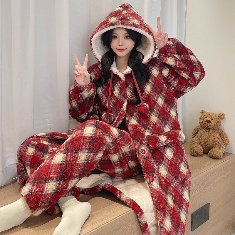 2025秋冬季睡袍女三层夹棉保暖加绒加厚珊瑚绒连帽睡衣家居服套装