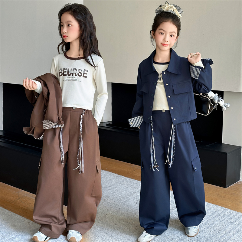 女童秋季新款工装风三件套2025中大童简约时尚学生酷飒范网红套装