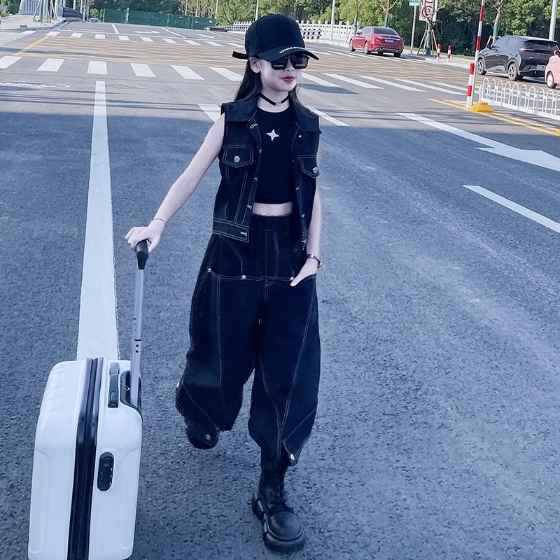 女童牛仔马甲套装2025夏季新款儿童洋气时髦阔腿裤休闲潮酷两件套
