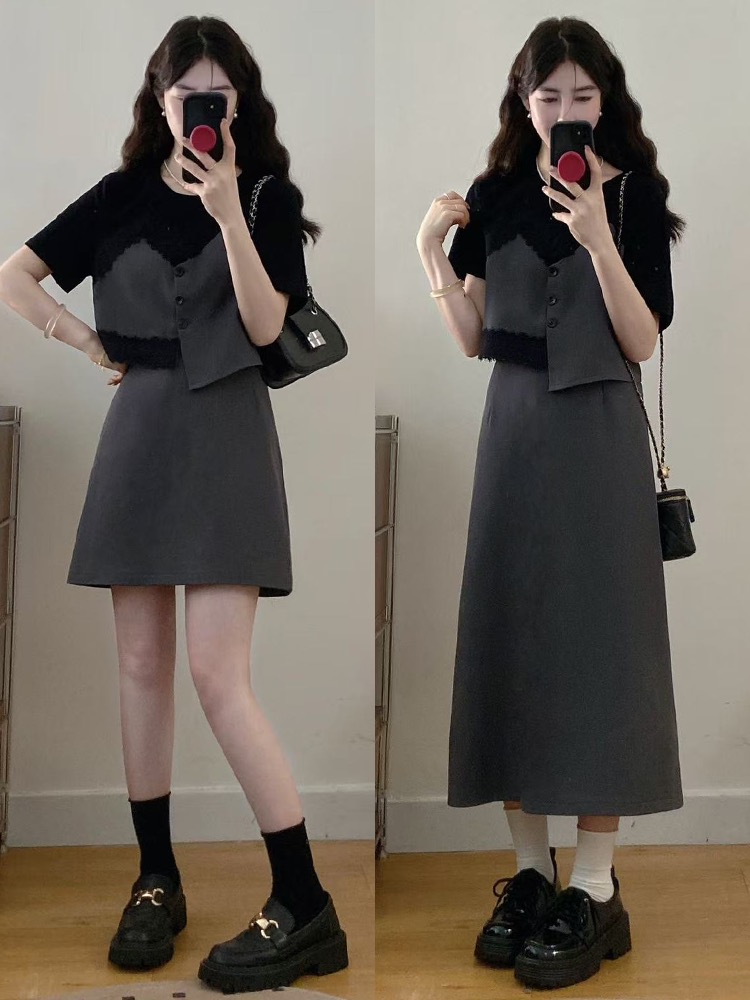 大码气质高级感假两件蕾丝上衣套装女夏季胖MM显瘦半身裙子两件套