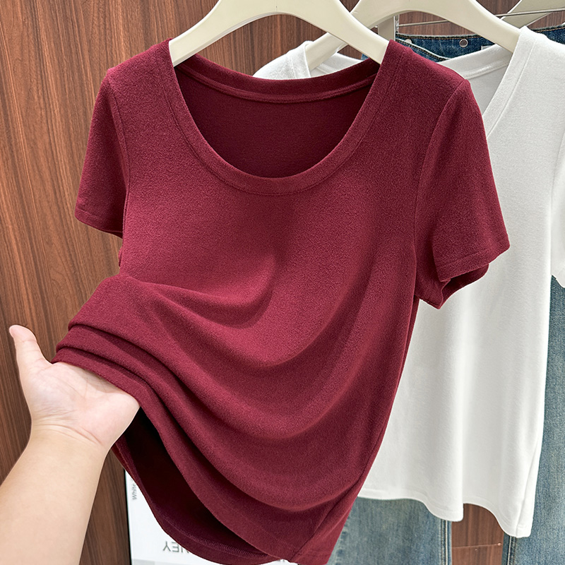 安可拉红圆领短袖上衣女宽松休闲打底衫2025秋冬爆款内搭保暖小衫