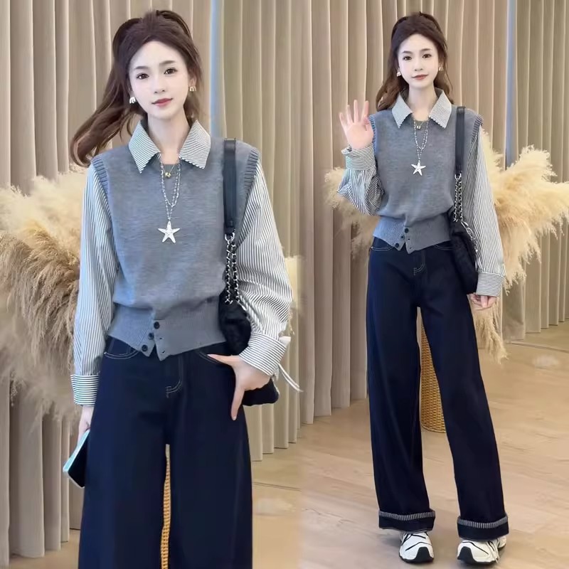 拉夏贝尔针织衫女士2025秋季新款假两件条纹衬衫拼接法式长袖上衣