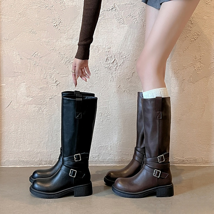 时装靴秋冬款平底女靴骑士百搭英伦风长靴时尚真皮厚底过膝长筒
