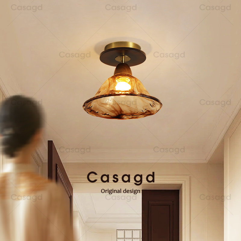 新中式过道吸顶灯中古风复古实木玻璃走廊入户门玄关楼梯灯casagd