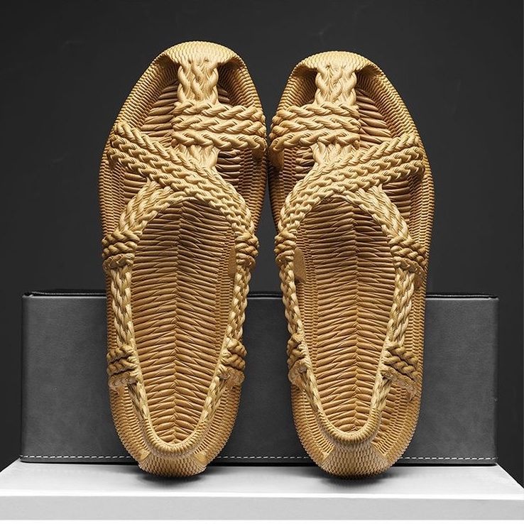夏季藤编仿草鞋老式凉鞋时尚个性软底防滑高档男洞洞鞋家居凉鞋