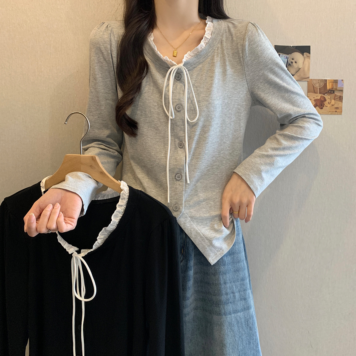 大码设计感收腰显瘦打底衫2025年秋季拼接蝴蝶结系带长袖T恤63987