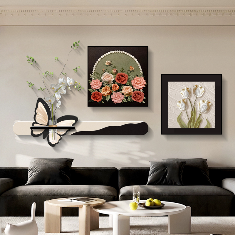 现代简约客厅装饰画法式蝴蝶沙发背景墙壁画水培绿植轻奢客厅挂画