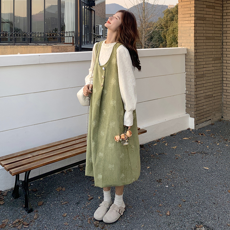 绿色花朵背心连衣裙长袖衬衫套装两件套女春季学院风减龄甜美森系