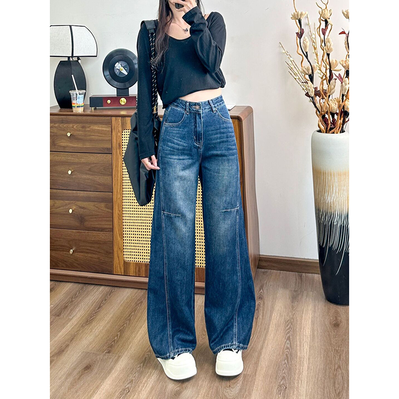 美式复古蓝色弯刀牛仔裤女秋季新款设计感宽松显瘦拖地阔腿镰刀裤