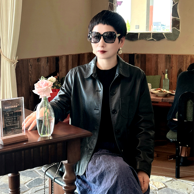 小香风翻领头层真皮皮衣女短款 老钱风时尚大码牛皮外套2025新款