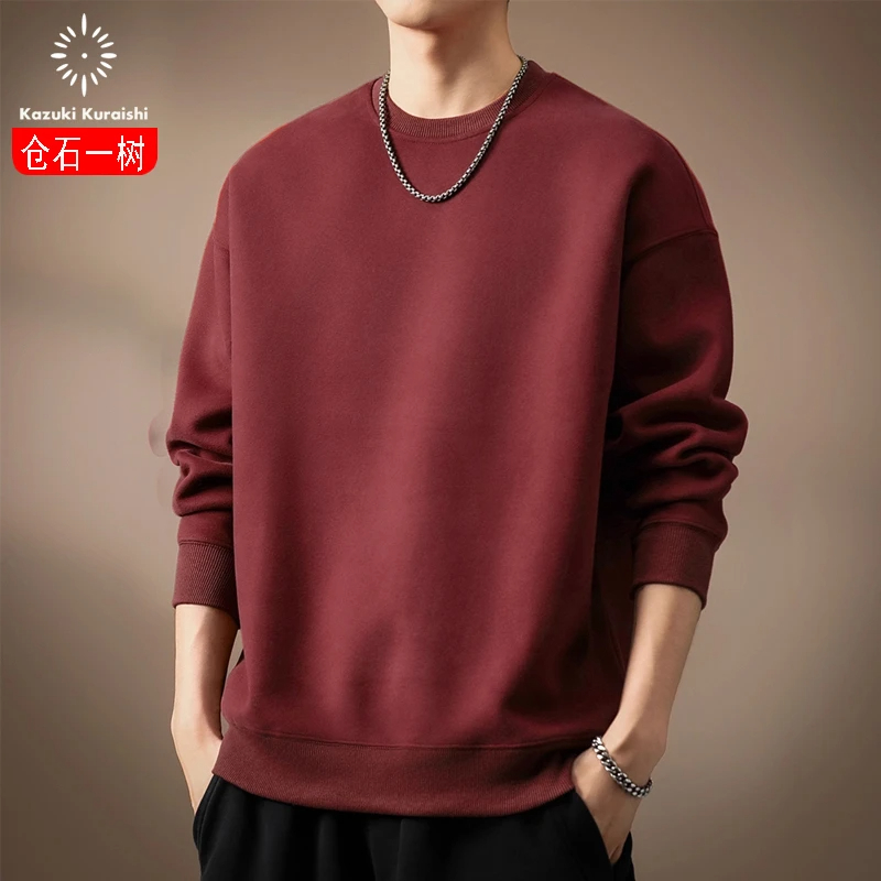 仓石一树圆领百搭枣红色卫衣男装秋冬新款宽松2025年长袖休闲上衣