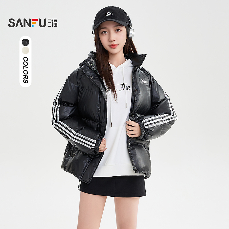 三福棉衣2025冬季刺绣蕾丝杠条袖立领宽松PU外套女装505936