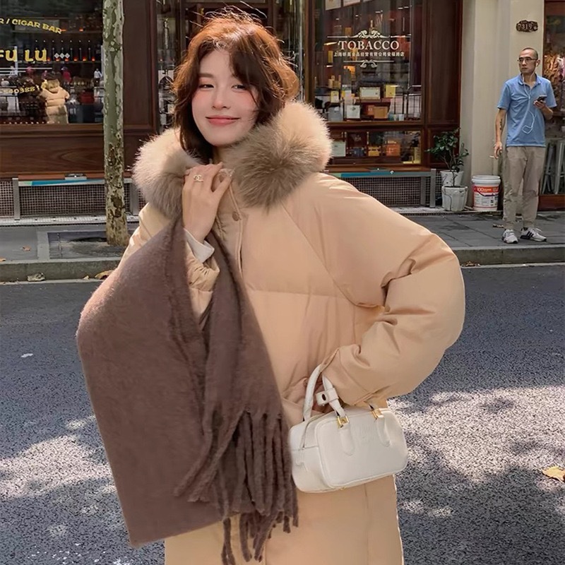 真狐狸大毛领羽绒服女2024新款连帽加厚中长款白鸭绒显瘦外套冬季