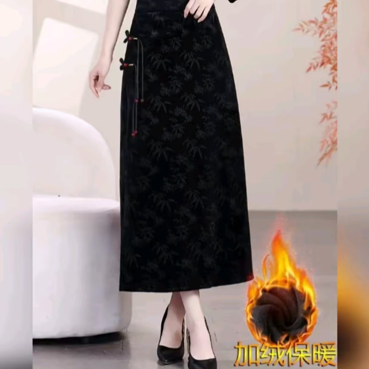 2238新款时尚复古加绒提花丝绒半身裙