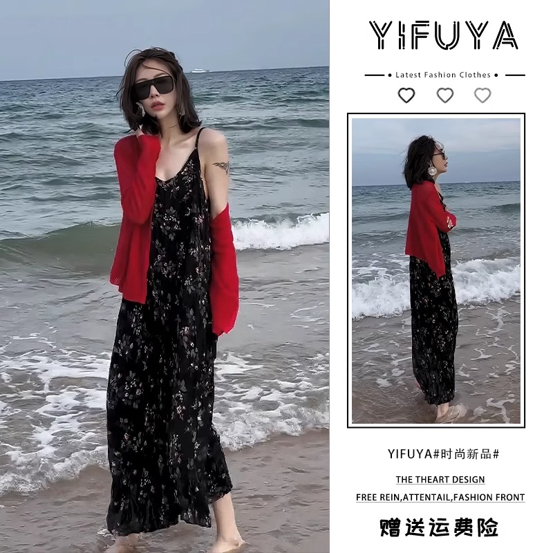 夏装搭配一整套时尚红色防晒开衫碎花连衣裙法式海边出游穿搭套装