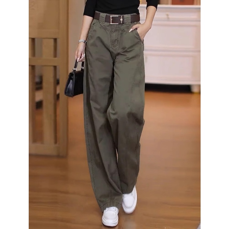 拉夏贝尔2025秋季工装裤多口袋高腰宽松直筒弯刀裤运动休闲阔腿裤
