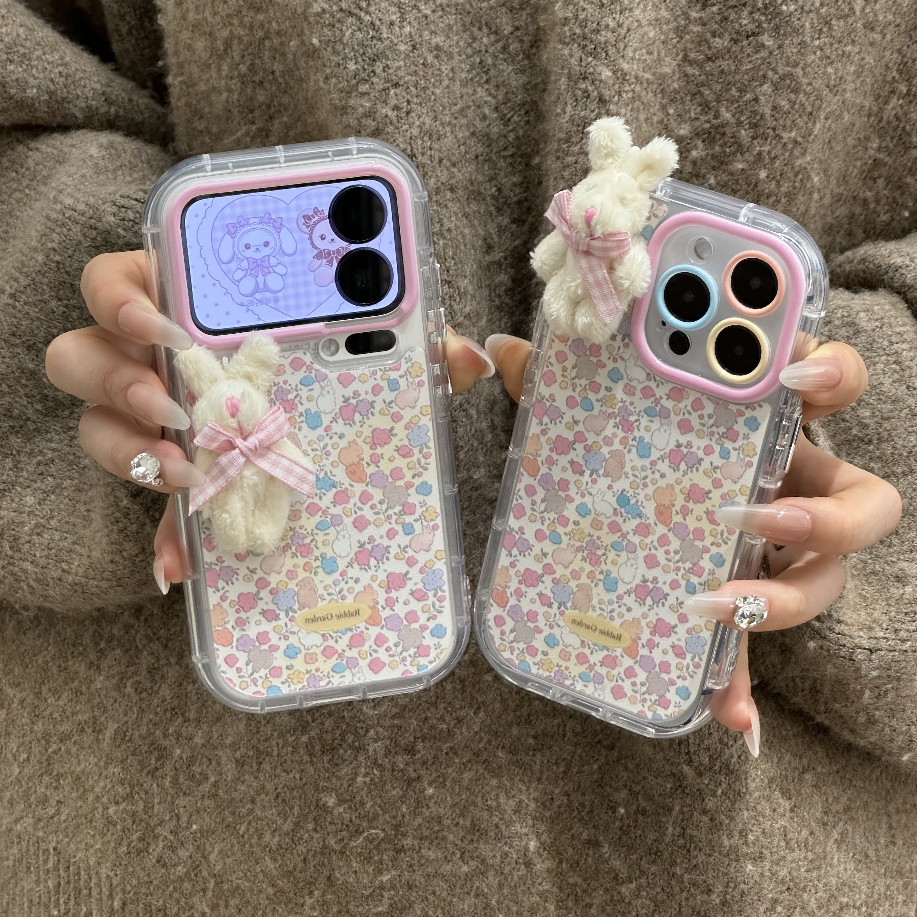 欧克里里冬日碎花毛绒兔适用苹果17/16泡芙手机壳华为vivoopp小米