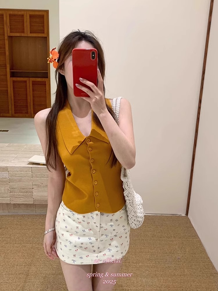 韩系polo领无袖针织背心遮副乳翻领打底衫别致修身外穿上衣I1-60