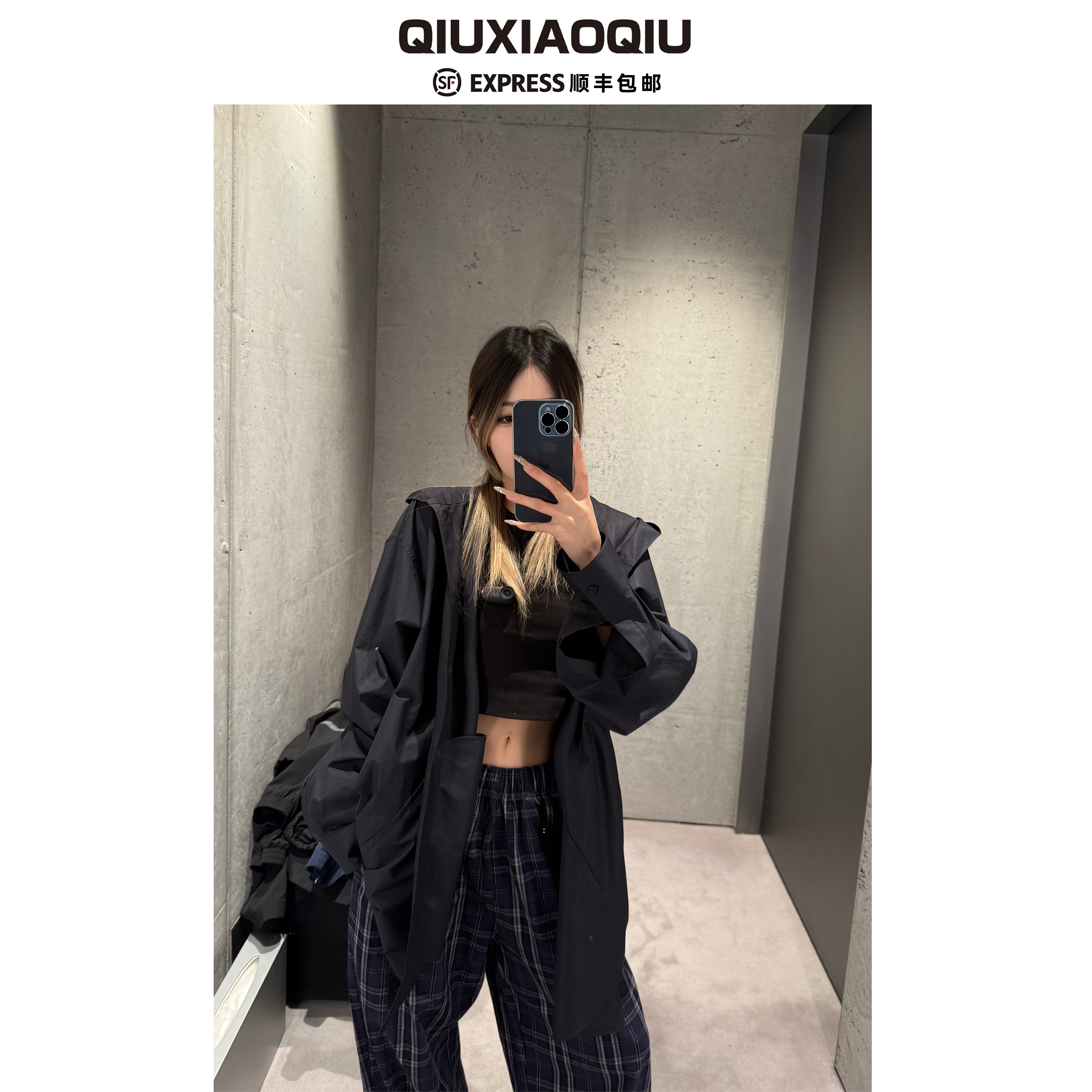 【Qiuxiaoqiu】巴黎秀款立体剪裁宽松休闲百搭连帽衬衫外套男女同款