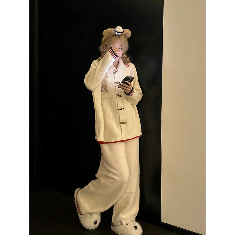 韩系复古设计休闲风牛角扣针织睡衣女甜美秋冬款半边绒家居服套装