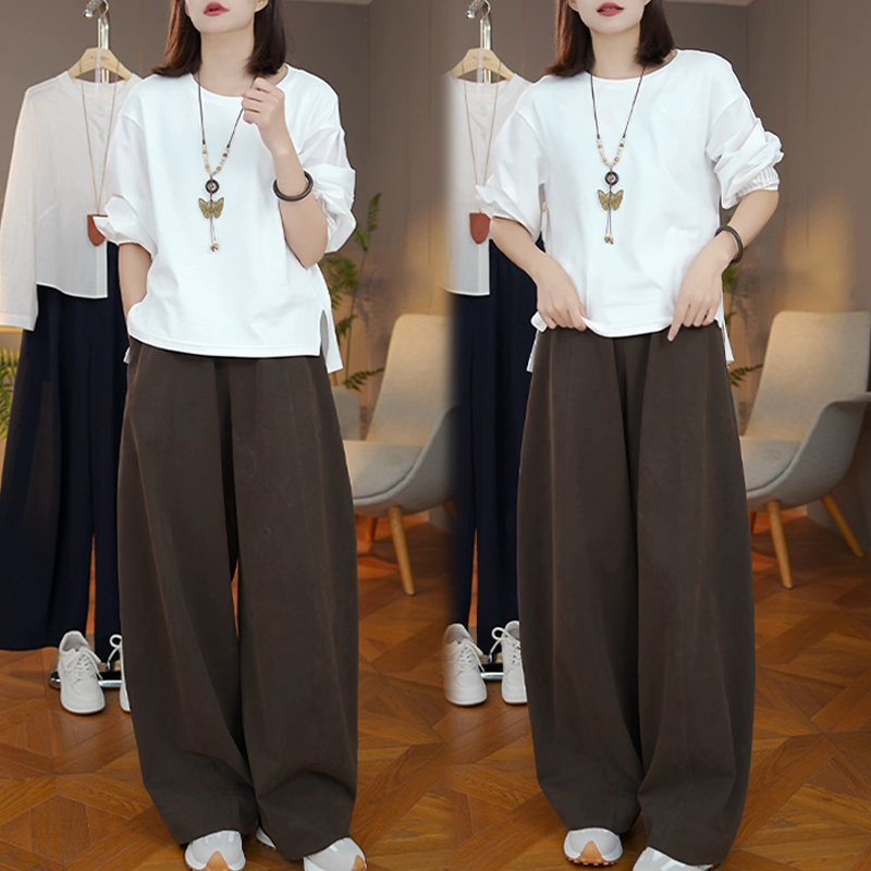 美拉德系复古套装女2025春秋新款不规则开叉长袖t恤阔腿裤两件套