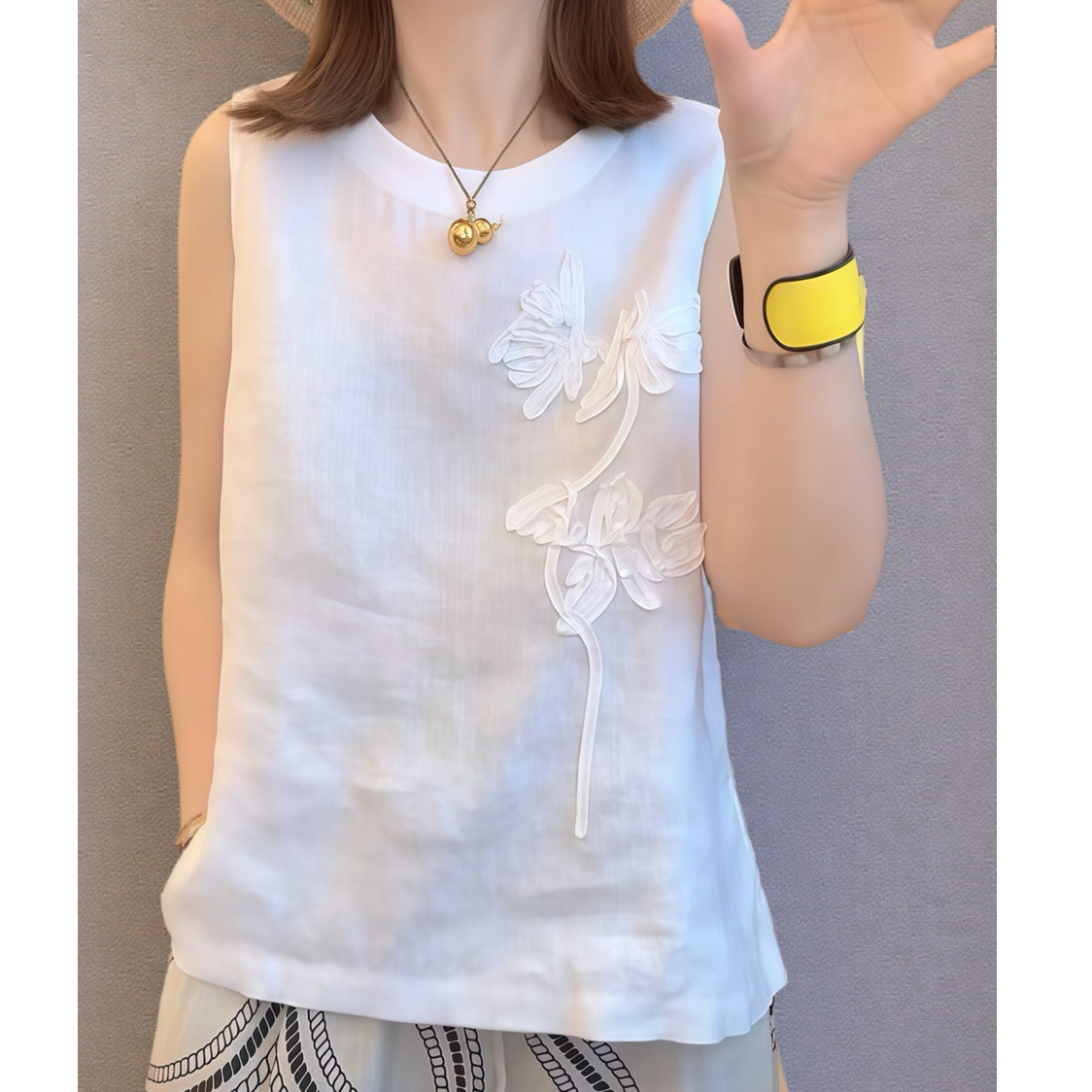 【芍药花亚麻背心】百搭圆领无袖背心侧开叉短袖2025设计感上衣女潮