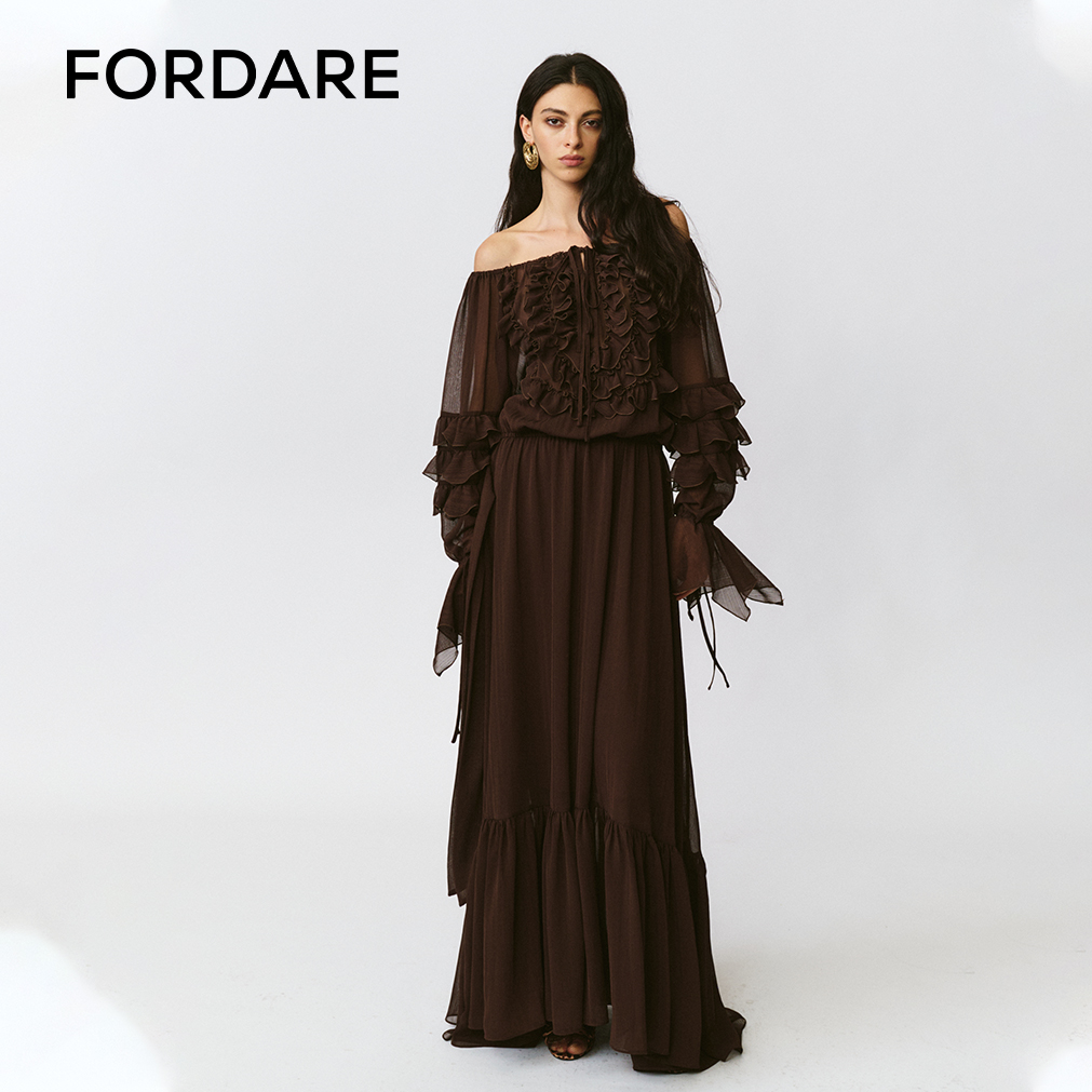 FORDARE福蝶 25夏季新品 一字肩荷叶边长裙气质蕾丝连衣裙1123