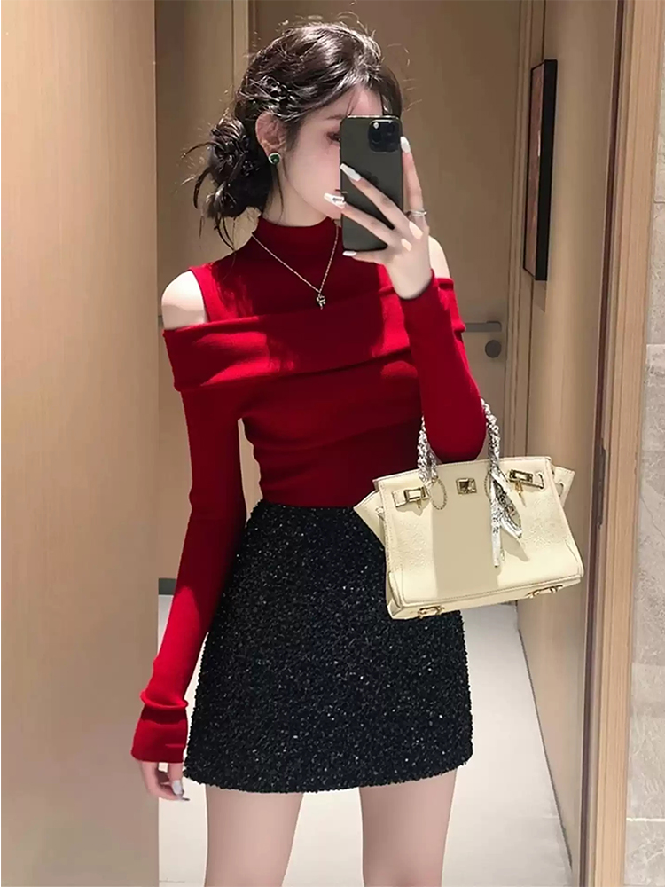 设计感红色减龄露肩针织衫女2025秋冬新款韩系高级感气质小众上衣