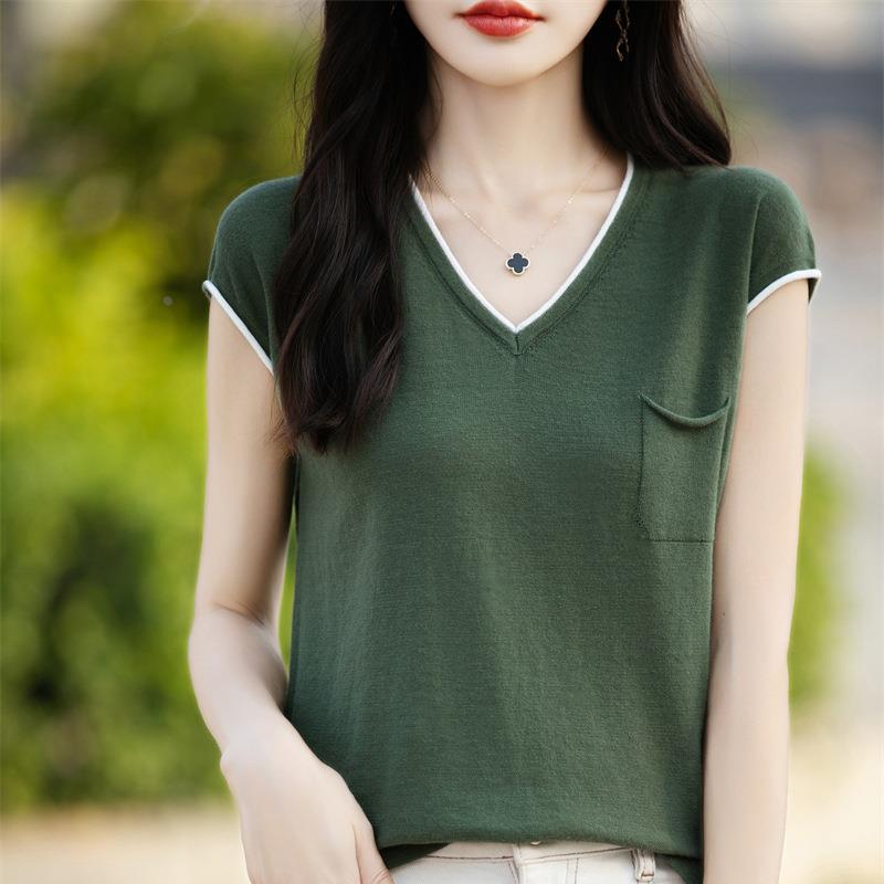 2025年春夏新款纯棉圆领针织衫短袖恤女拼色宽松带兜打底衫上衣