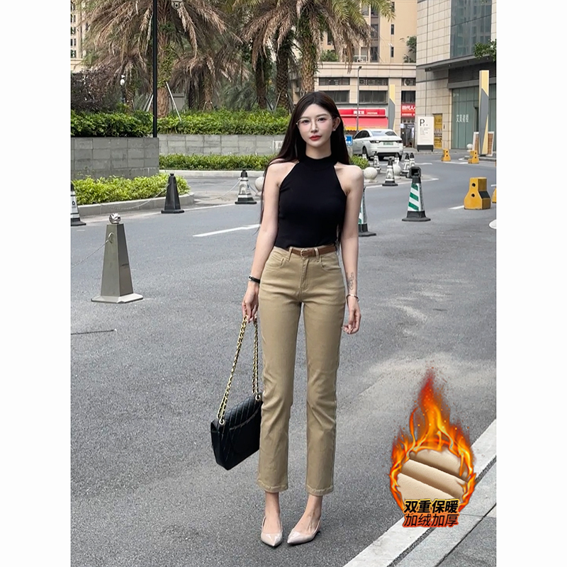 加绒经典卡其色老钱风直筒牛仔裤女2025年冬季新款高腰弹力九分裤