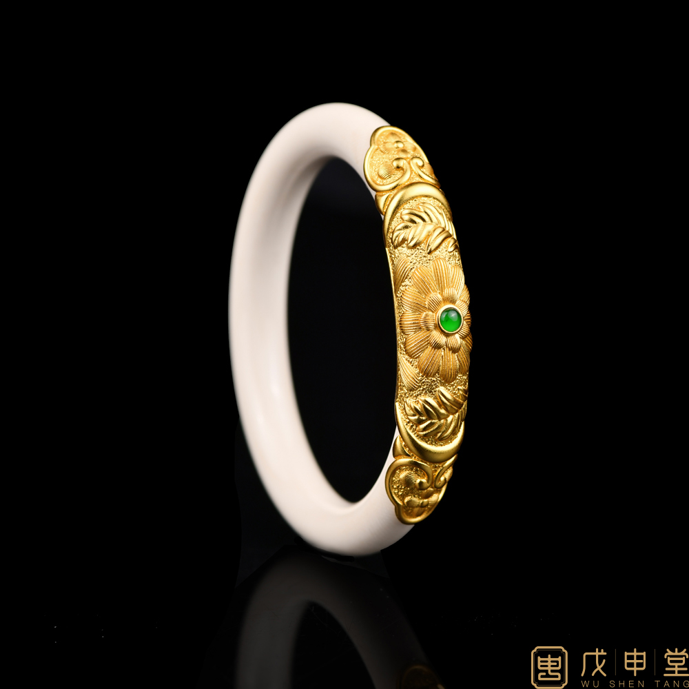 戊申堂【金象呈祥】古法银鎏金足银錾刻猛犸象牙手镯 国风珠宝