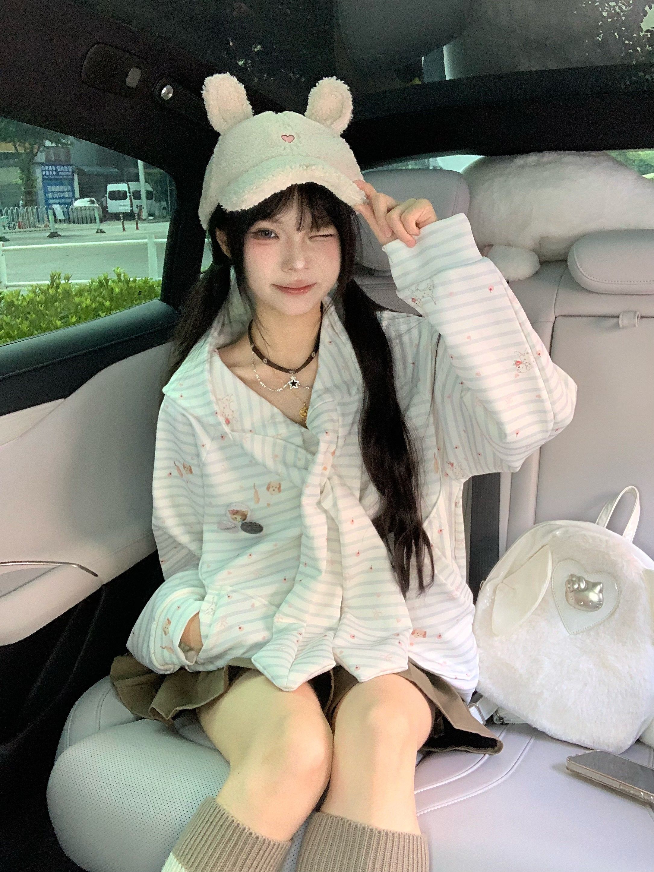 韩系学院风绑带条纹小狗连帽卫衣运动衫女秋冬宽松设计感上衣外套