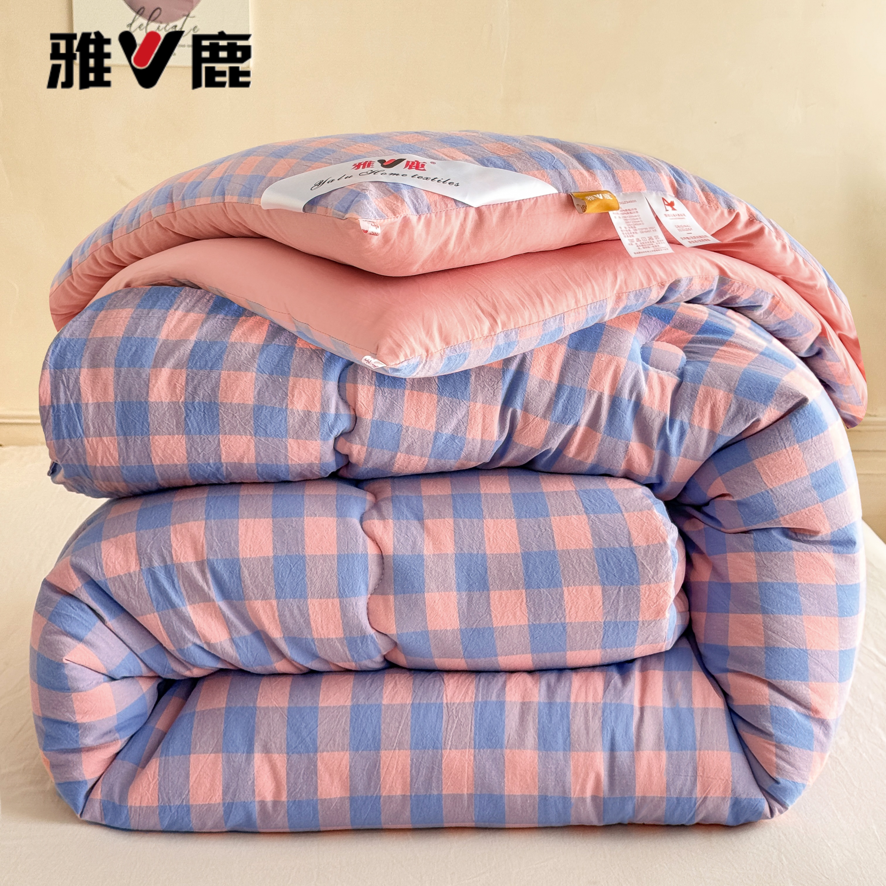 V/雅鹿无印风格子色织水洗棉加厚保暖春秋被冬被单人双人学生宿舍