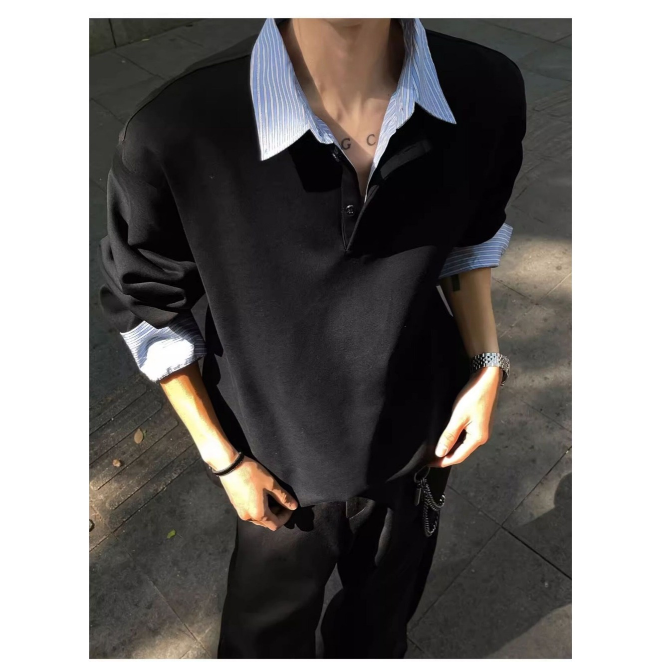 假两件衬衫领卫衣男款秋季潮牌宽松高级感重磅长袖T恤休闲上衣服