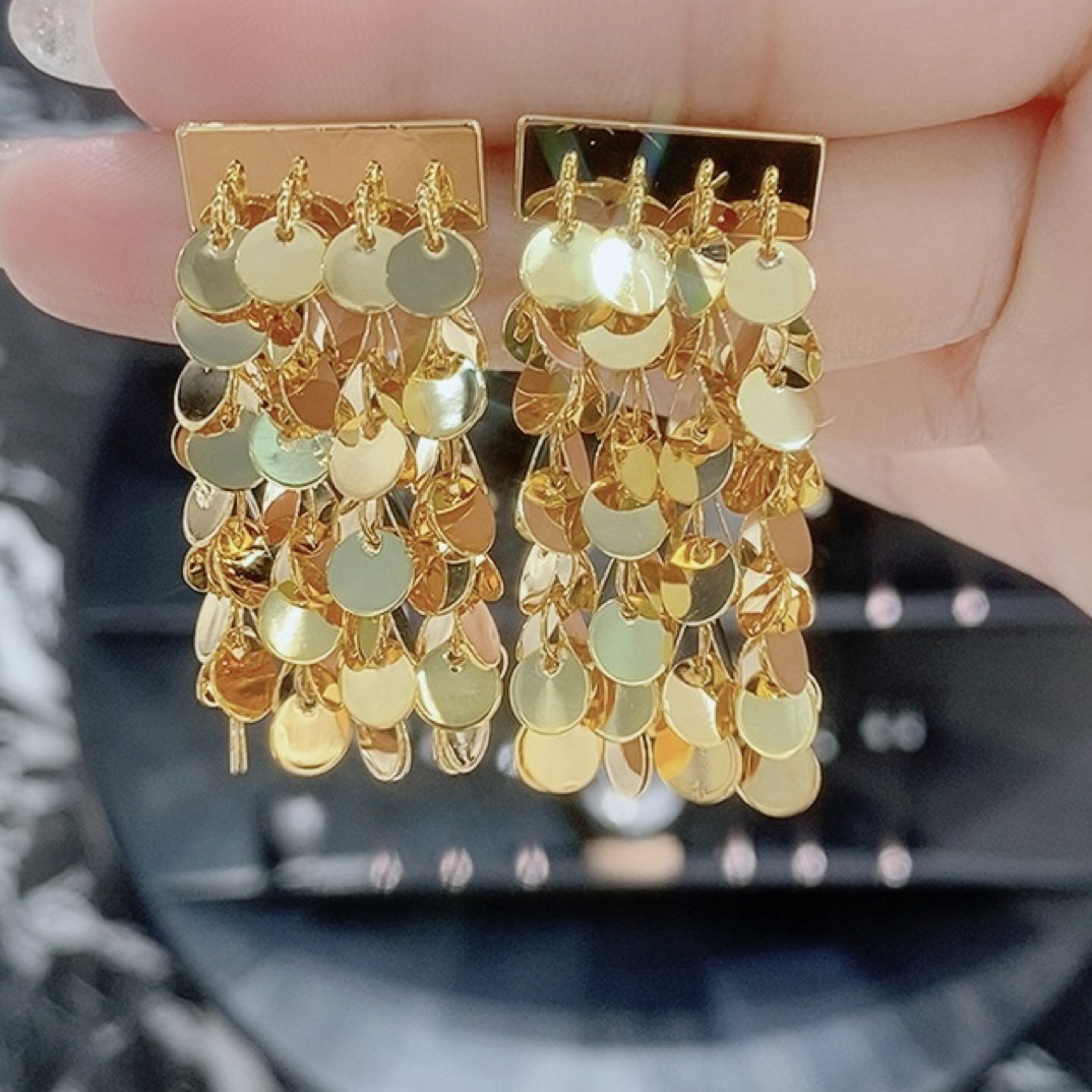 铜合金耳饰 时尚瑞丽风中长圆片流苏耳钉耳饰